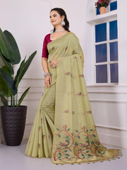 Shailja Pale Pista Muga Cotton Jamdani Saree With Contrast Blouse